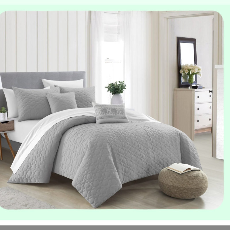 HexaComfort 5-Piece Geometric Bedding Set - Queen Size Grey Comforter with Decorative Pillows and Shams - Hexagonal Pattern Design for Stylish Bedroom Décor