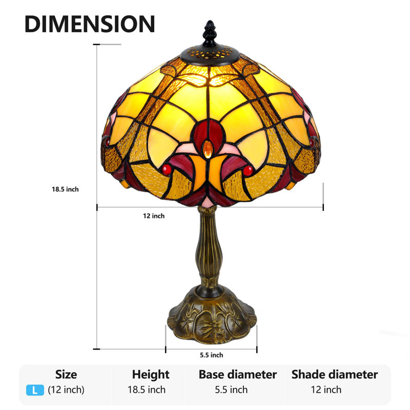 Lampe de table 12 pouces de style Tiffany avec ampoule DEL 9 W - Vitrail baroque fabriqué à la main, base lourde et stable, décor facile à assembler pour la chambre à coucher, le salon et le bureau