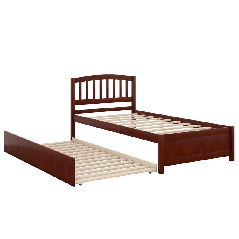 Lit plateforme simple avec lit gigogne, cadre de ferme en bois avec tête de lit courbée, support à lattes de bois, Noyer