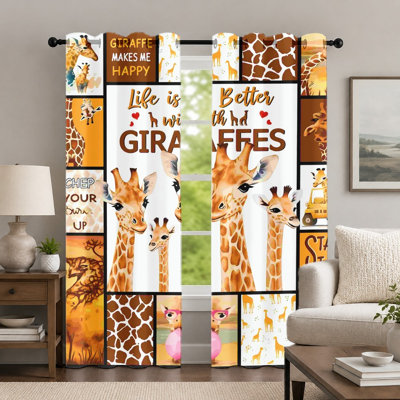 2Pcs Giraffe Pattern Curtains, Animal Theme Window Drapes, Cartoon Style Printed Grommet Panels, Decorative Window Treatment for Bedroom Living Room Decor