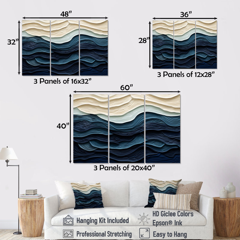 Bord de mer bleu et blanc - art mural minimaliste côtier, H 28 po x l 36 po x P 1 po, Toile tendue