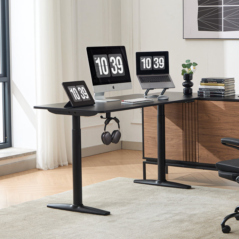 Electric Height Adjustable Standing Desk with Round Tube Column, 46" H x 48" W x 24" D, Black/Black