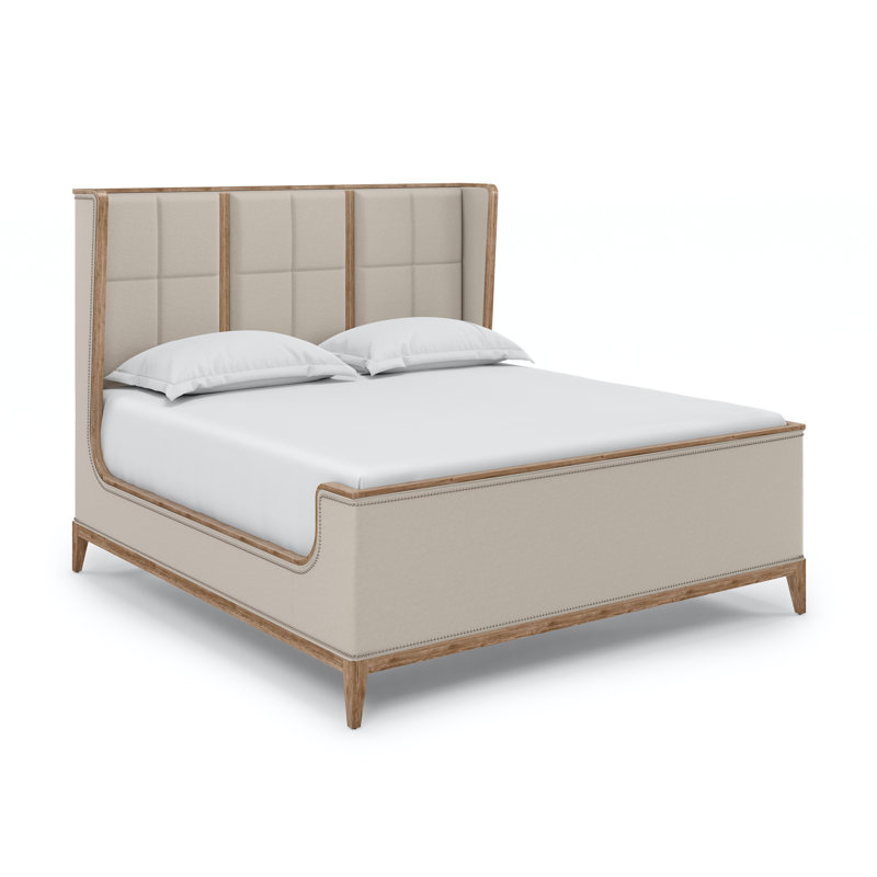 California King Beige Upholstered Oak Bed with Nailhead Trim