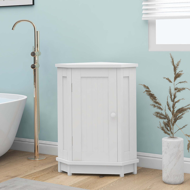 White Bathroom Cabinet Triangle Corner Storage Cabinet with Adjustable Shelf Modern Style MDF Board