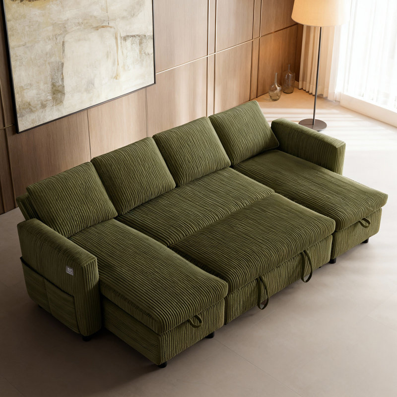 U Shape Sofa Bed,105" Sectional Sleeper Sofa with Pull Out Bed, Pull Out Sleeper Couch with Chaise Lounge, and Linen Reversible Chaise Sectionals for Living Room 
