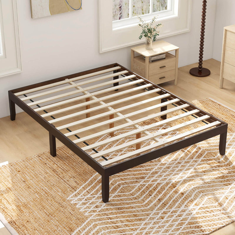 Wooden Platform Bed Frame 14" With Rubber Wood Legs Under-bed Storage, Full, Espresso