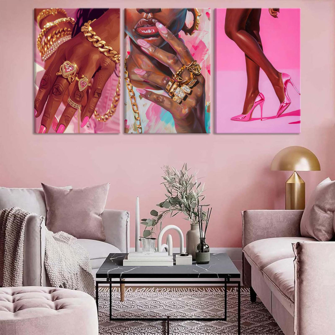 3Pcs Pink Fashion Black Girl Canvas Wall Art African American Black Woman Wall Decor Pictures Gorgeous Black Girl Posters Prints For Living Room Bedro