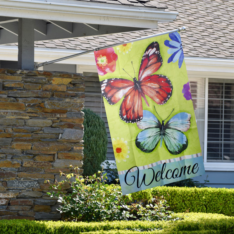 Drapeau floral d'extérieur Welcome Butterflies, H 40 po x l 28 po