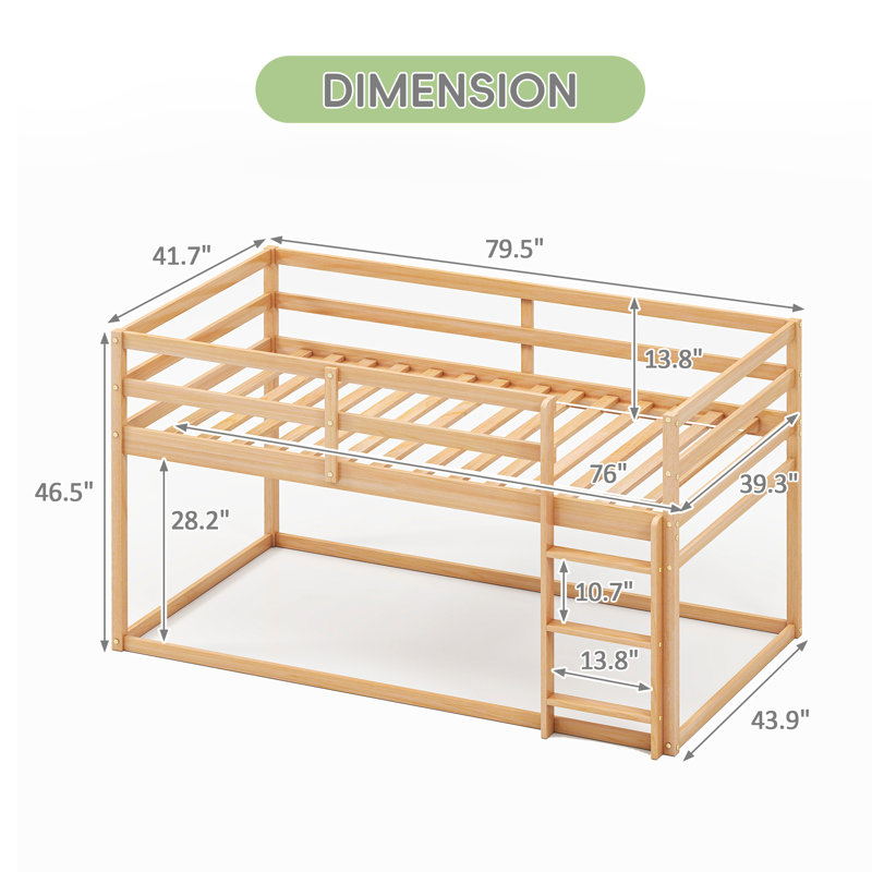 Lit mezzanine simple en bois massif avec glissoire et échelle, Natural