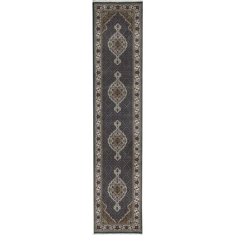 Hand-Knotted High-Quality Dark Blue and Cream Runner