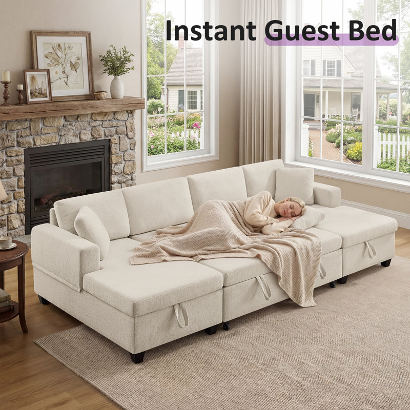 113'' U-Shaped Pull-Out Sofa Bed With Storage Chaise, White Polyester