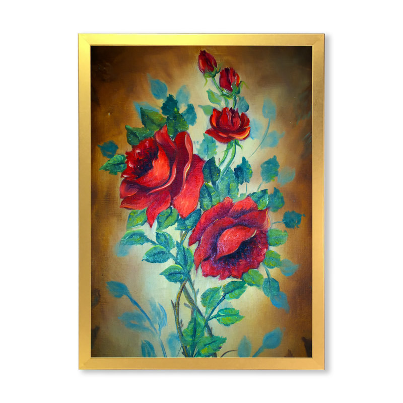 Trois roses rouges sauvages - art mural traditionnel sur toile, H 36 po x l 24 po x P 1 po, Cadre photo doré