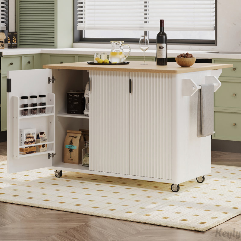 Farmhouse Accent Kitchen Island on Wheels with Internal Storage Rack, White