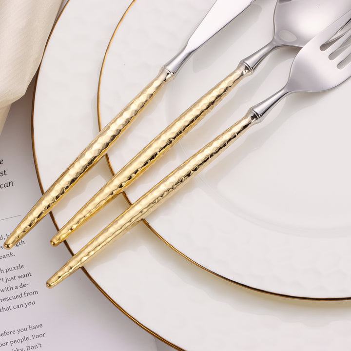 20 Pc Flatware Set with Hammered Handles, Gold/Silver