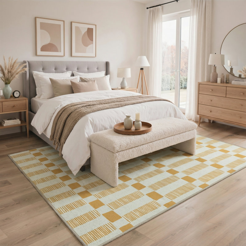Abdellah Geometric Machine Washable Ivory/Orange Indoor Area Rug With Non-Slip Backing, Rectangle 5' x 7'