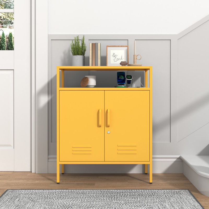 Multifunctional Lockable Storage Cabinet, 3-Tier Side Cabinet with Power Strip & USB Ports, Adjustable Shelf, for Living Room, Home, Office