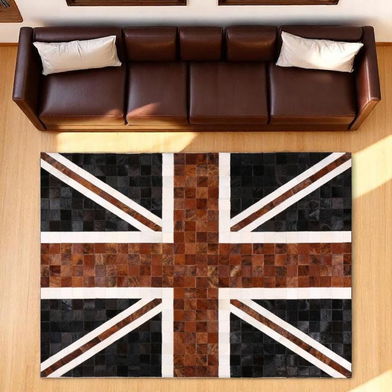 Custom Union Jack Cowhide Patchwork Rug - Genuine Leather Area Rug for Living Room, Bedroom - Multisize Floor Carpet