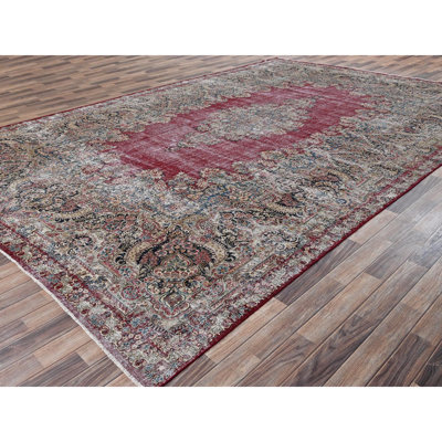 9'9"x15'3" Wine Red, Worn Out, Vintage Persian Kerman with Flower Medallion, Worn Out and Distressed Professionally Cleaned, Sides and Ends Secured, Hand Knotted, 100% Wool, Oriental Rug