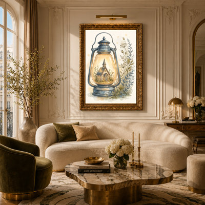 Blue Lantern With Miniature Church And Wildflowers Canvas Wall Art