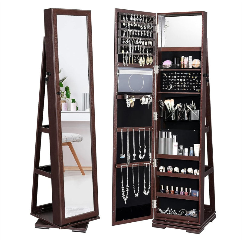 Classic Walnut Jewellery Armoire With Rotating Base And Built-In Mirror