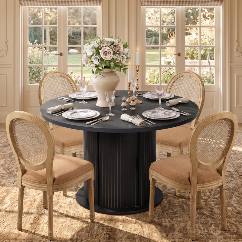 Ensemble de table de salle à manger 5 pièces avec chaises rembourrées en rotin, Noir, Brown
