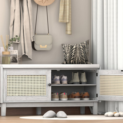 Banc d'entrée en rotin avec rangement Boho, banc à chaussures rembourré avec portes doubles, banc de rangement en bois