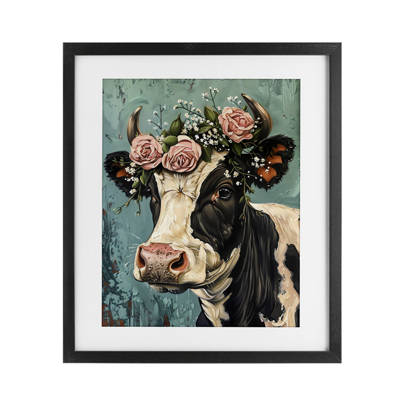 «Rose Crown Cow», reproduction encadrée sous verre, design par LSR Creative Studio, Cadre noir minuit, H 16 po x l 13 po