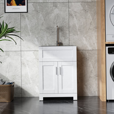 24In White Paint Free Laundry Tub Cabinet W/ Stainless Steel Combo(Update)