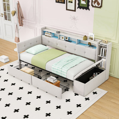 Daybed with Storage Drawers, Hidden Footstool Storage, LED Lights and USB Charging Ports