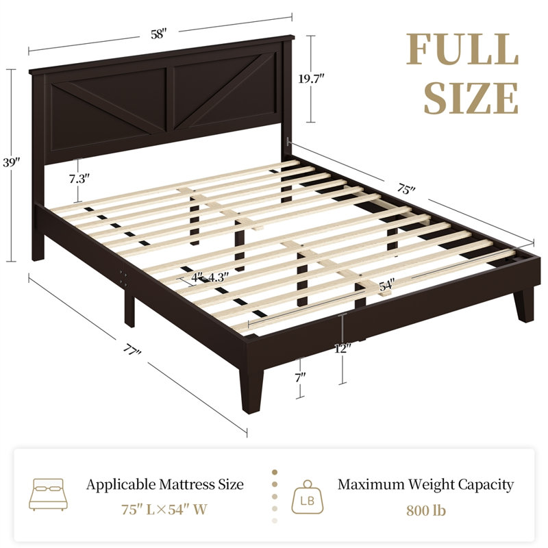Farmhouse Wood Bed Platform with Headboard, Full / Double, Espresso