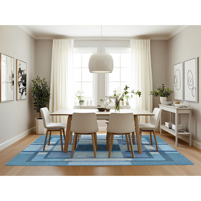 Tapis géométrique bleu ciel, Rectangle 7 pi x 10 pi
