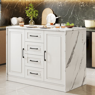 47.2" Kitchen Island With Prower Outlet & 4 Drawers, Faux Marble Kitchen Island With Storage Large Cabinet For Kitchen, Dining Room
