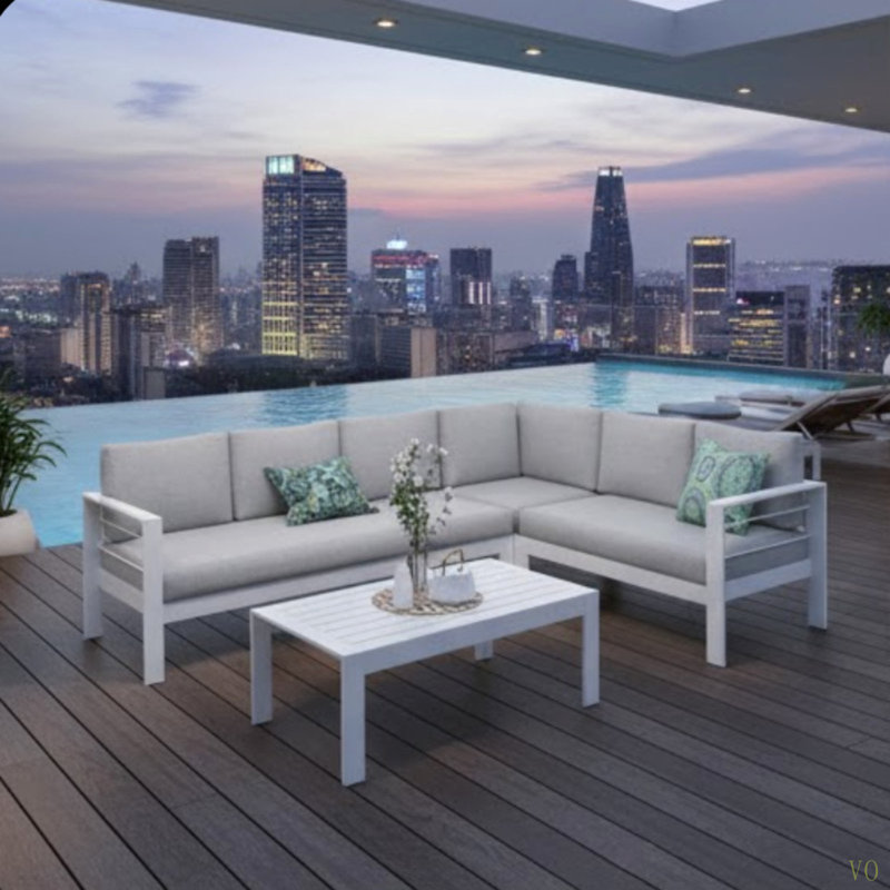 Ensemble de conversation modulaire en aluminium 4 pièces pour patio, canapé 7 places avec coussins et structure épais et table basse