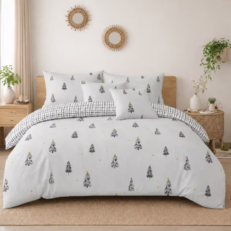 Duvet Cover Set Light Grey Christmas Tree Reversible Poly-Cotton Sizes with Pillowcase