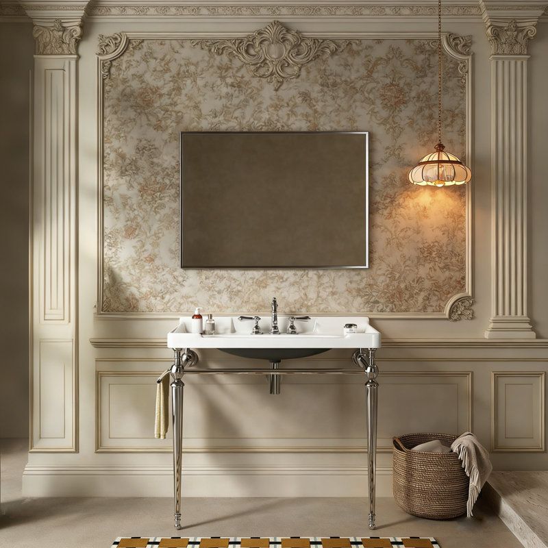 36" Retro Modern Ceramic Console Bathroom Vanity with Metal Stand, White, Silver, 36"
