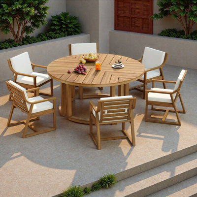 Patio Dining Table Set For 6, Round Dining Table With 1.96" Umbrella Hole, Outdoor Wooden Patio Furniture Set With Removable Cushions For Garden