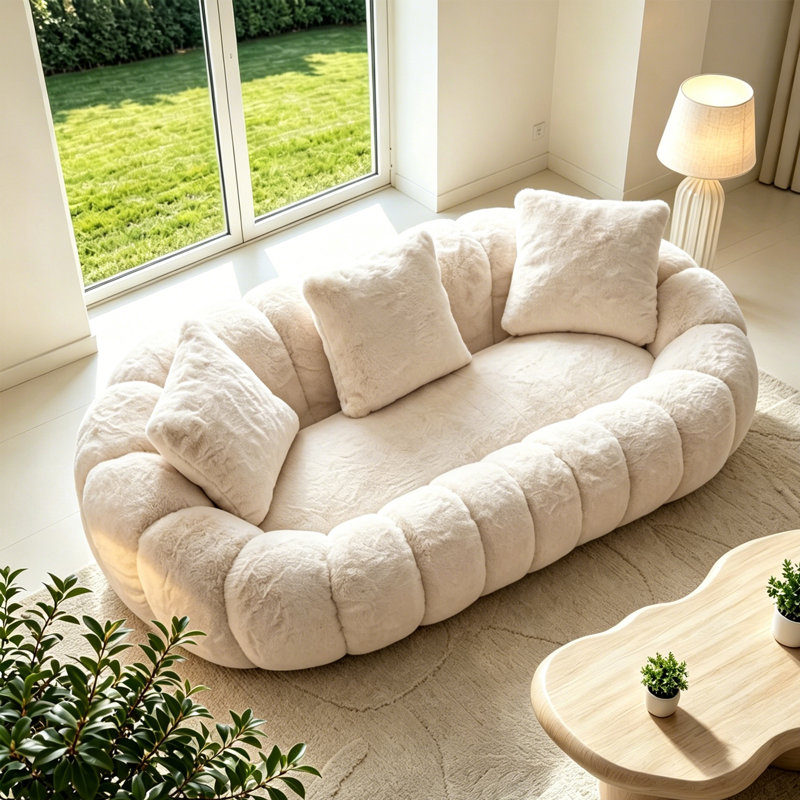 Canapé 75,49 po en fausse fourrure gris à 2 places en forme de pétale, canapé fleuri contemporain rembourré avec 3 coussins décoratifs pour le salon