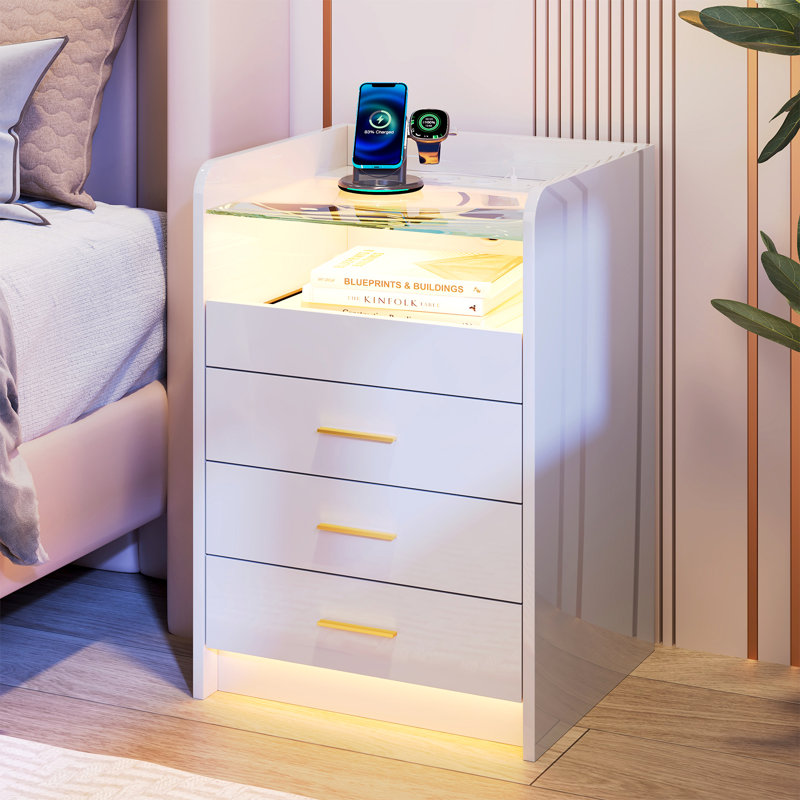 Bedside Cabinet with 3 Drawers, White Bedside Table with Glass Desktop, LED Lights & UK Charging Station 2AC/2USB, Wooden Side Table for Bedroom Living Room Sofa Side Corner Drawer Cabinet UK Plug