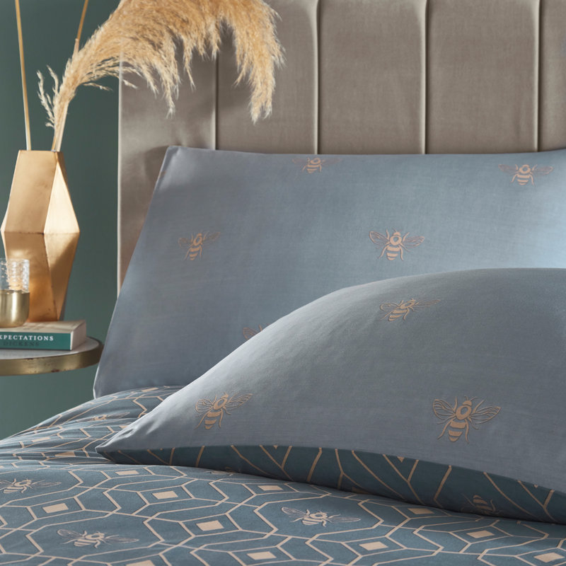 Bee Deco 144 TC, Double Duvet Cover + 2 Standard Pillowcases, French Blue