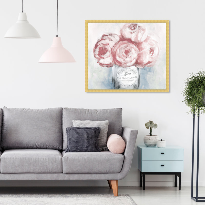 " Pink Pastel Painted Peony Floral Bouquet " Painting Print, Gold Framed, 26" H x 32" W