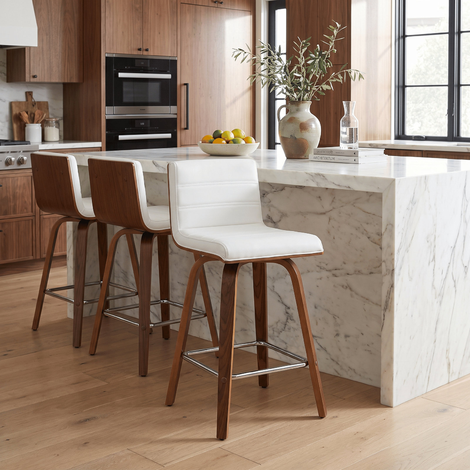 Biance Swivel Bar and Counter Stool, Walnut, White Faux Leather, Counter Stool (26" Seat Height)