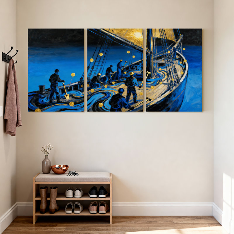 «Night Sea Sailors Waves Light», ensemble de 3 impressions murales sur toile, H 24 po x l 48 po