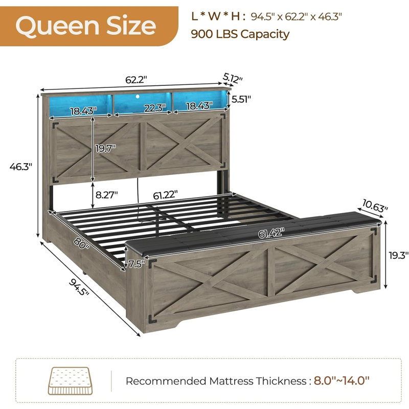 Queen Size Farmhouse Metal Bed Frame, Grey Platform Bed with LED Headboard, Charging Station and Storage Ottoman, Sturdy Bed for Teen Room