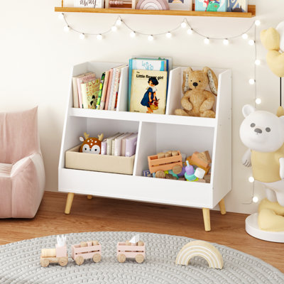 Bookshelf and Toy Organizer, 5 Cubbies Wooden Open Bookcase, 2-Tier Baby Storage Display Organizer with Legs, Free Standing for Playing Room, Bedroom,