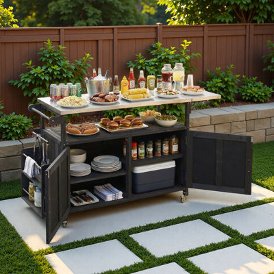 Foldable Outdoor Kitchen Island With Stainless Steel Worktop, Lockable Wheels, Storage Cabinet, Towel Rack And Two-tier Spice