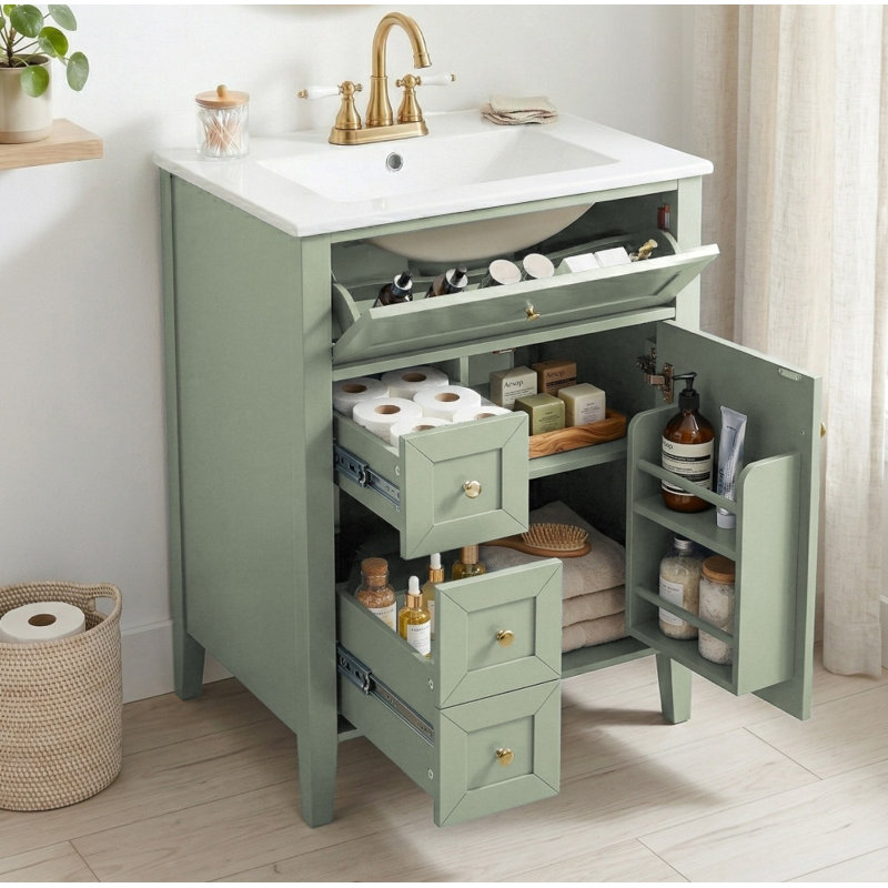 Meuble-lavabo autoportant vert clair avec lavabo en céramique, tiroirs à fermeture en douceur et armoire de rangement, pieds en bois massif