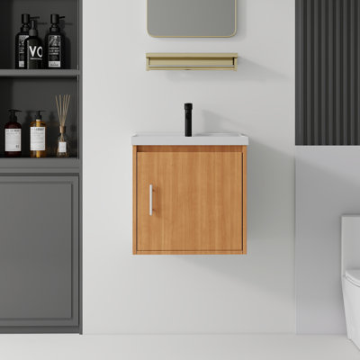 Meuble-lavabo suspendu de 50 cm avec lavabo encastré en céramique, meuble en contreplaqué, porte à fermeture douce, finition noyer