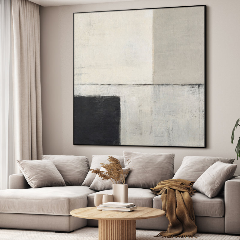 Très grand art mural imprimé sur tissu - Abstrait géométrique neutre minimaliste avec des blocs noirs et blancs pour le salon ou la chambre à coucher - «Assemblage requis du cadre (cadre non fini)»