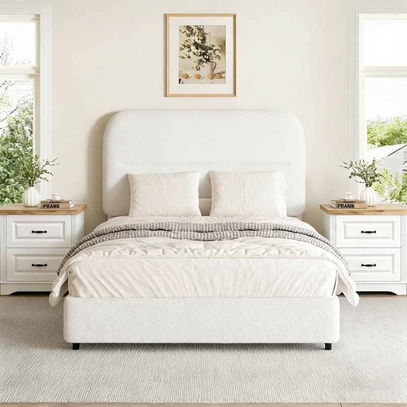 Ensemble de lit plateforme tapissier avec 2 tables de chevet fermées Boucle - Ensemble de chambre à coucher 3 pièces, Blanc