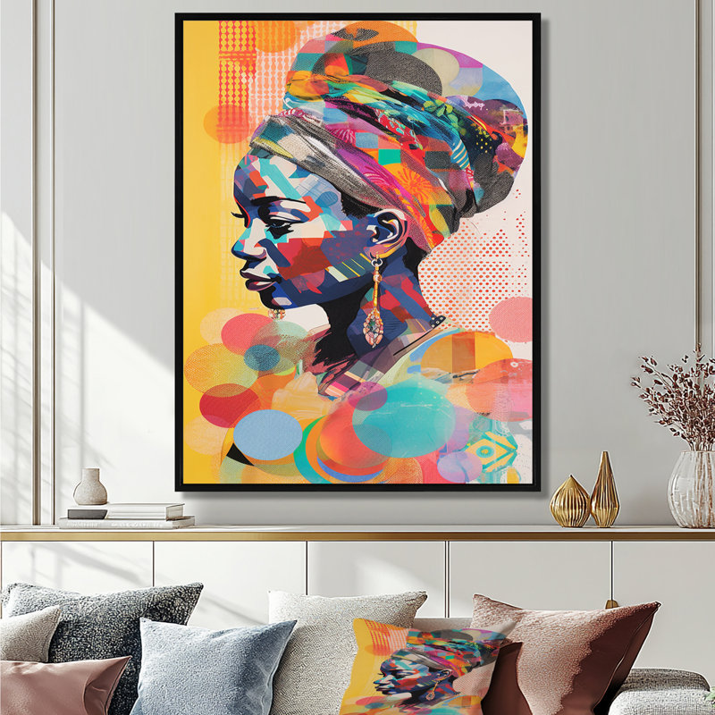 «Afro American», collage coloré rétro III - femme, art mural, H 20 po x l 12 po x P 1 po, Cadre flottant noir
